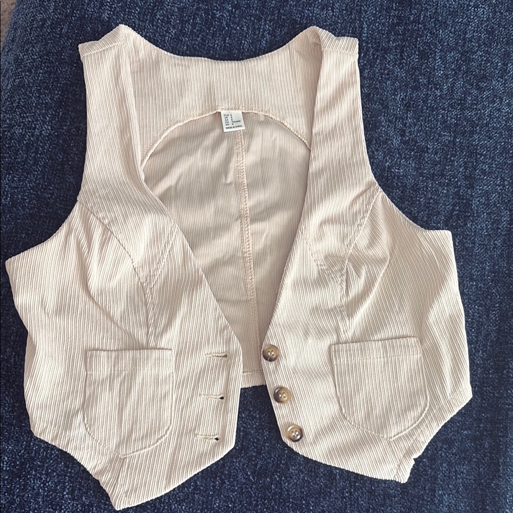Beige Striped Button-Up Vest